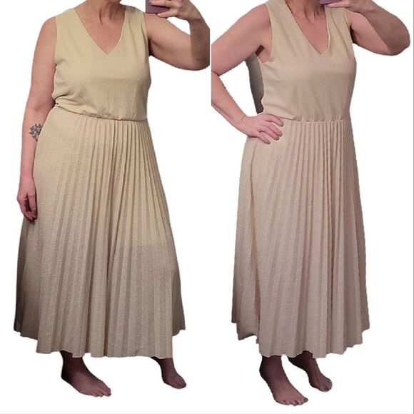 Mango Heathered Cream Color Pleated Sleeveless Midi Dress LARGE - Picture 6 of 17